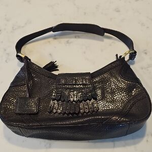 Via Spiga Dark Brown Textured Leather Shoulder Bag with Fringe